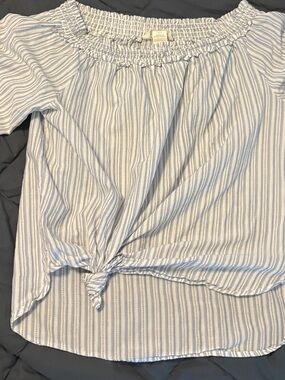 H&M Blue and White Striped Off-Shoulder Tie-Front Blouse